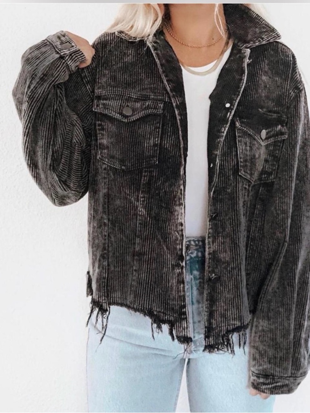 POL Washed Black Corduroy Shacket with Distressed Hem